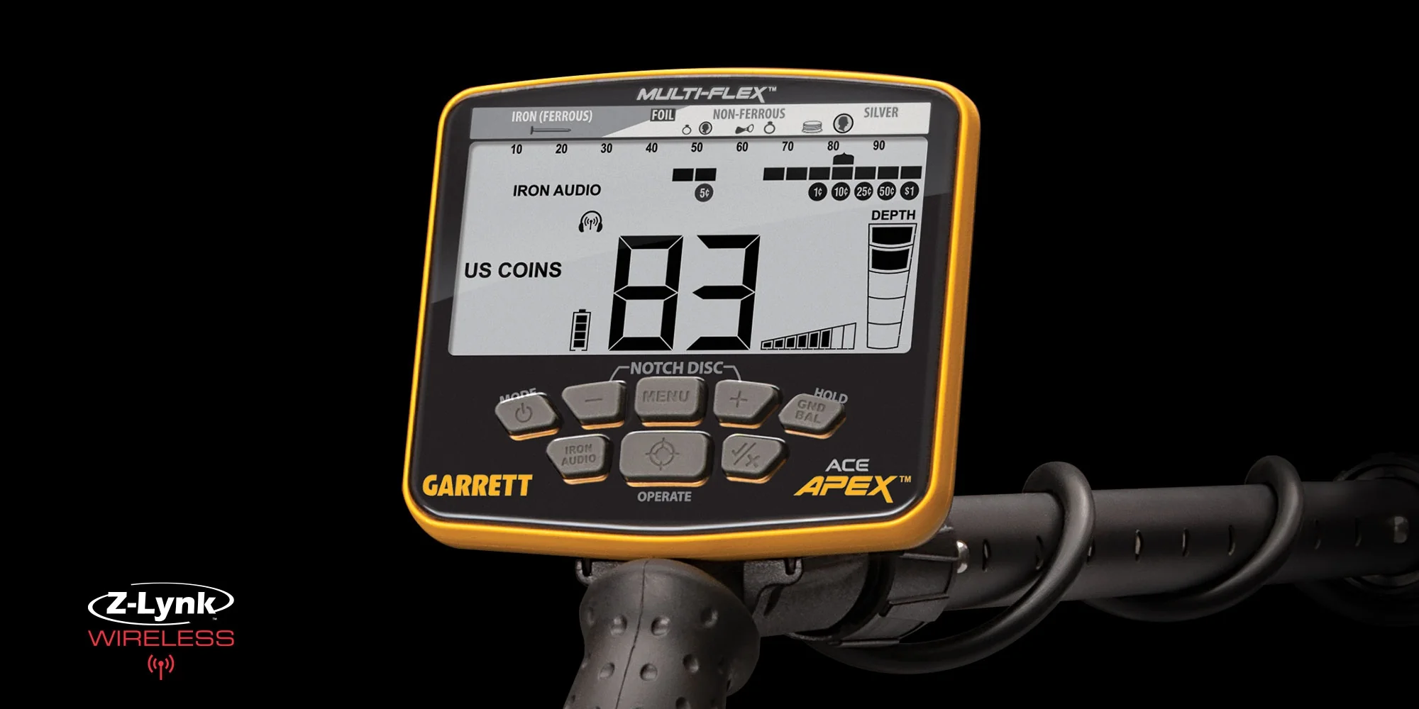 Garrett Ace Apex Multi-Frequency Weatherproof Metal Detector with Waterproof 8.5” x 11” Multi-Flex DD Raider Searchcoil Wireless Package - Image 3