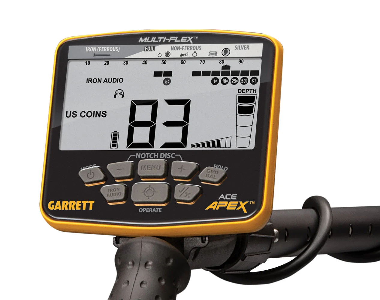 Garrett Ace Apex Multi-Frequency Weatherproof Metal Detector with Waterproof 8.5” x 11” Multi-Flex DD Raider Searchcoil Wireless Package - Image 7
