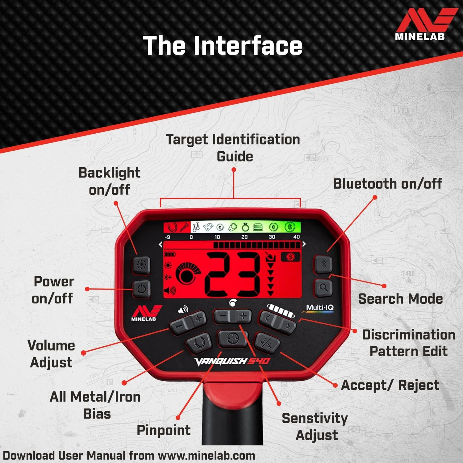 Minelab Vanquish 540 Multi-Frequency Pinpointing Metal Detector PRO PACK with Iron Bias & V12 12"x9" Double-D Waterproof Coil - Image 5