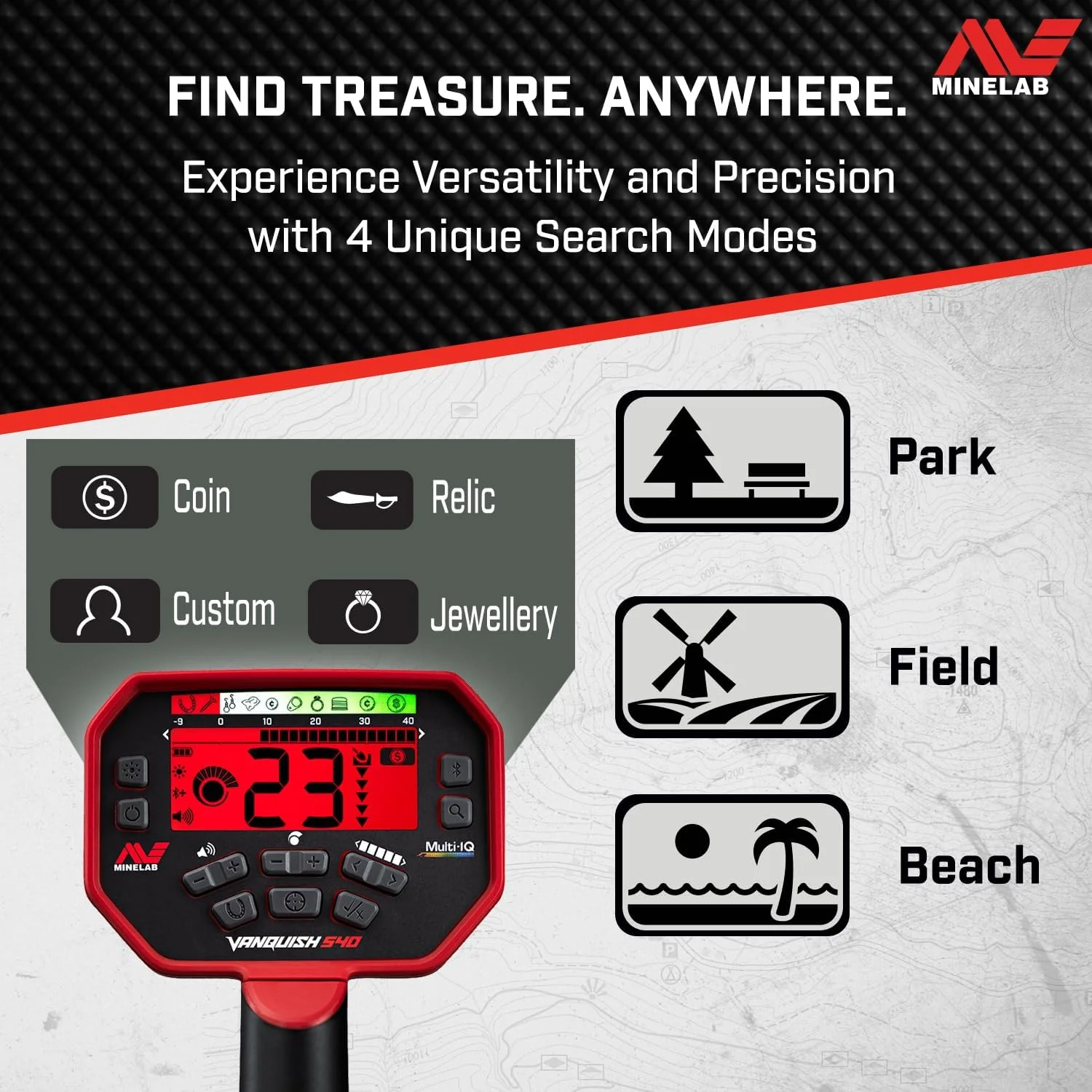 Minelab Vanquish 540 Multi-Frequency Pinpointing Metal Detector with Iron Bias & V12 12"x9" Double-D Waterproof Coil - Image 7